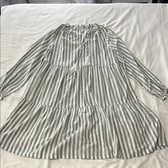 dip Dresses & Skirts - dip Sage/White Striped Tiered Oversized Dress